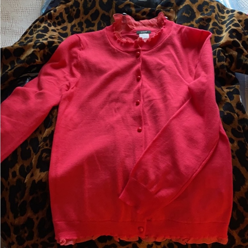 J Crew Merino Cardigan with Chiffon Ruffle Trim S